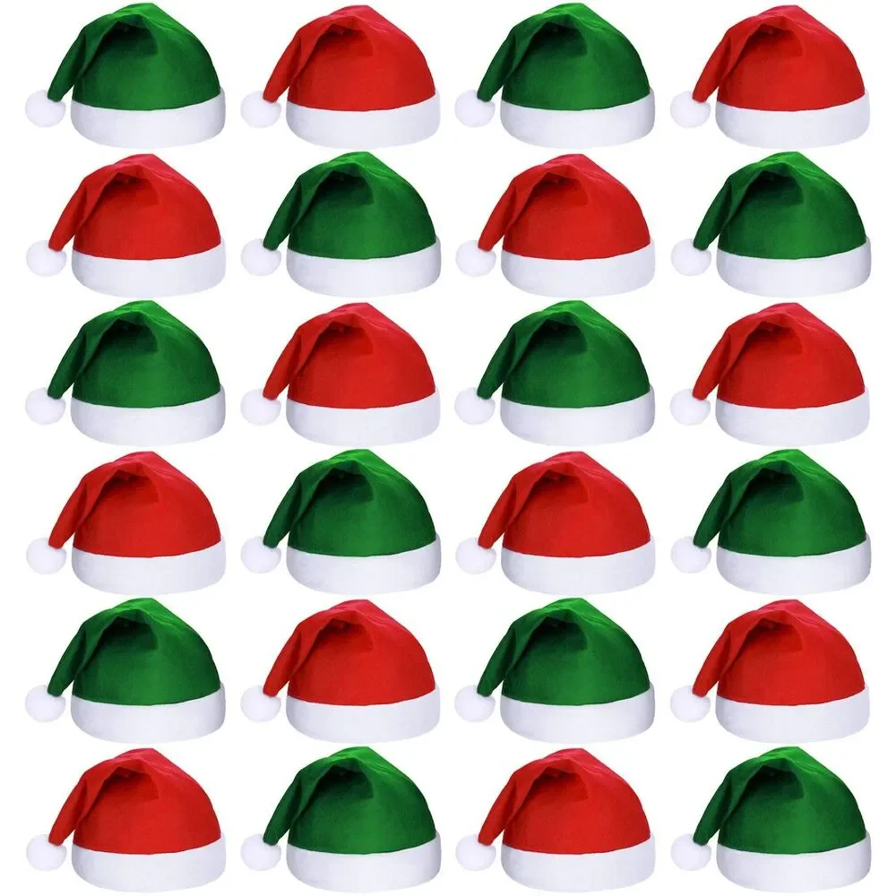 24 Pcs Soft Santa Hat Bulk Christmas Non Woven Fabric with Pom (Red & Green)